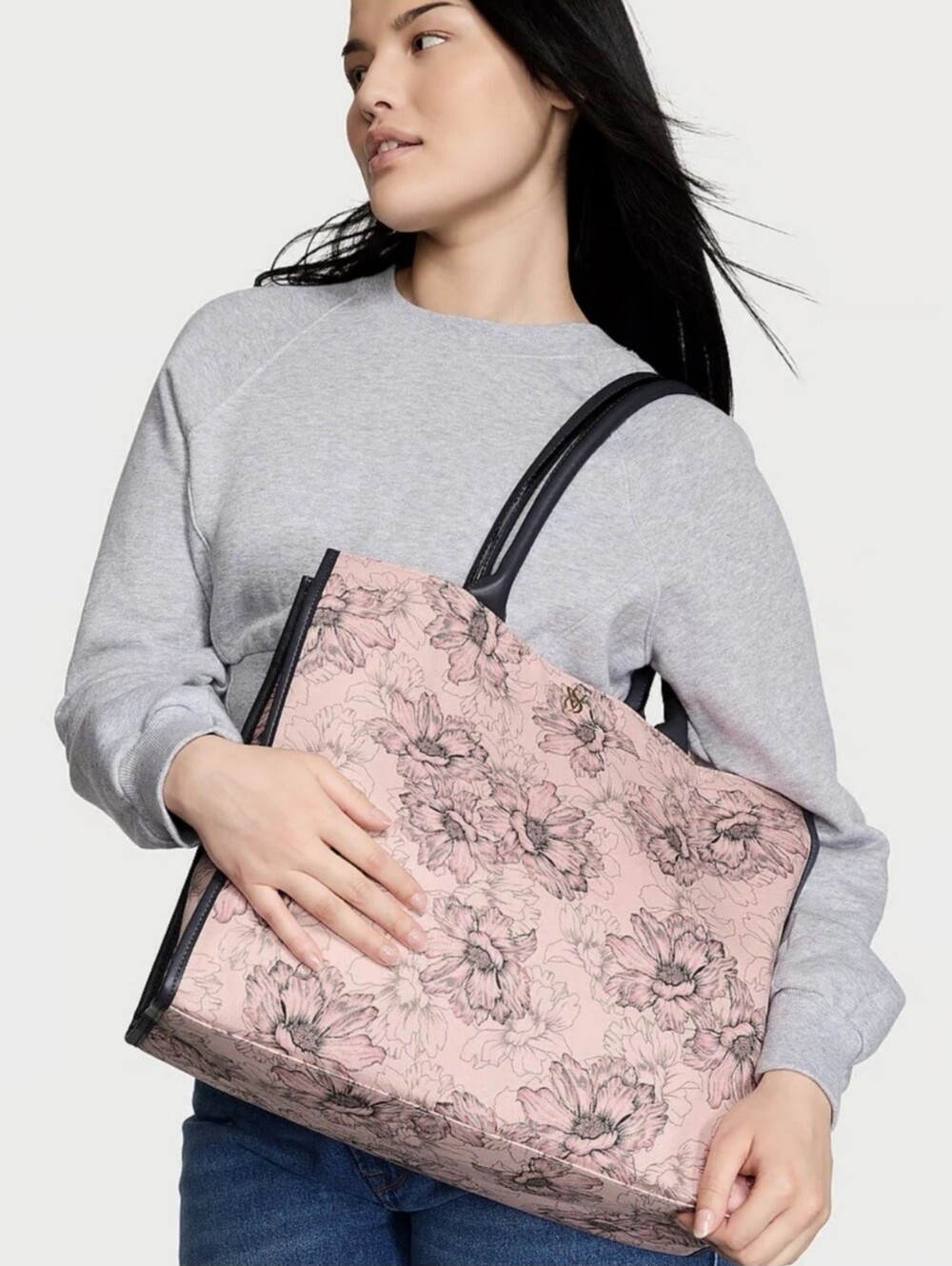 Victoria's Secret Pink Floral Tote w/Grey Handles